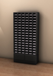 96 Opening Sorter Organizer in matte black finishes with�2 lower pull-out drawers and raised panel sides and front.