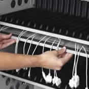 Specially designed shelf allows power cords to fed under the shelf above and contained.