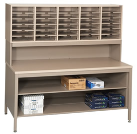 This sort station is made up of a CTA style table with adjustable intermediate shelf for added storage. 12" high riser brings sorting to eye level and keeps entire work surface open.