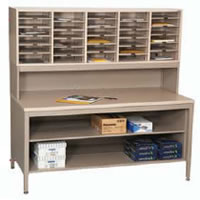 Complete Work Station #5: This sort station is made up of a CTA style open table with adjustable intermediate shelf for added storage. 12" high riser brings sorting to eye level and keeps entire work surface open. 