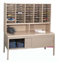 Complete Work Station #3: For small mailrooms or satellite stations. STA Table provides storage. Laminated RSR style riser allows full use of work surface.