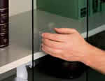 Sliding tempered safety glass doors protect materials from dust while safety lock prevents unauthorized access. 