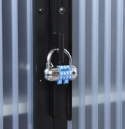 Hasp lock design accommodates pad locks or combination locks.