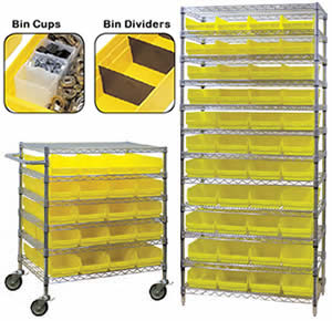 Chrome Wire Shelving with Plastic Bins.