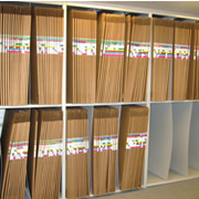 The large document storage system encorporates a cardboard folder (45” x 38”) to accommodate up to E-size ANSI paper (44” x 34”) which houses the most common large document sizes.