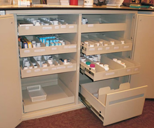 A typical install showing pharmaceuticals organized and labeled.