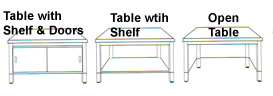 CTA Series Console Tables, models with bottom shelf and/or doors for use with machines or to provide storage.