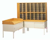 STA style tables with storage cabinet.